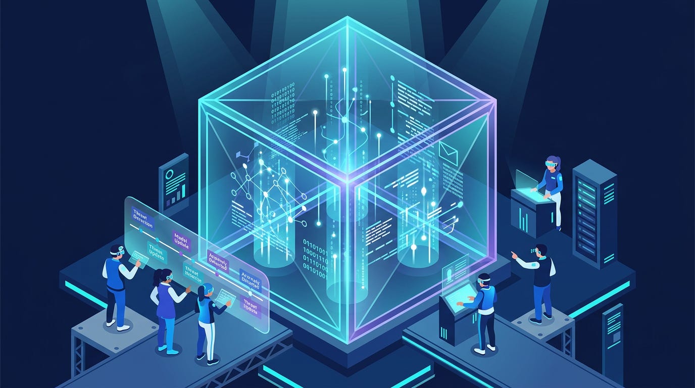 Flat isometric illustration of a giant transparent evidence chamber containing glowing AI activity logs while small cybersecurity researchers examine floating holographic timelines under bright spotlights, cyan, white and deep blue color palette, clean vector art style, dark background, modern tech editorial aesthetic.