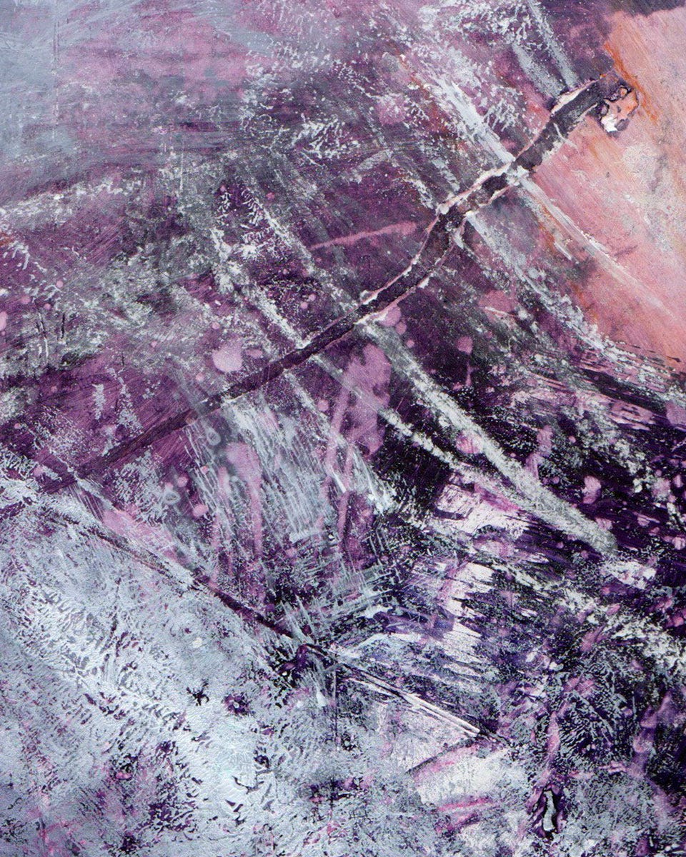 Abstract acrylic painting in greys, purples and pinks with layered textures and a diagonal dark line