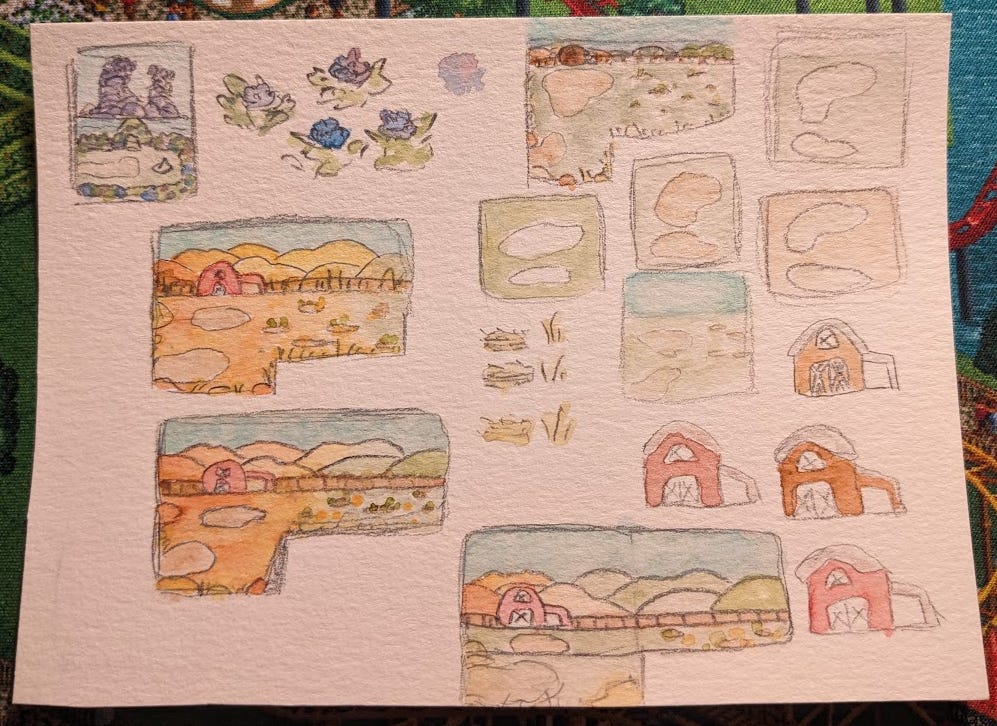 Paintings of room plans for an area with a barn and another with a large, purple building. Paintings of room plans for an area with a barn and another with a large, purple building.