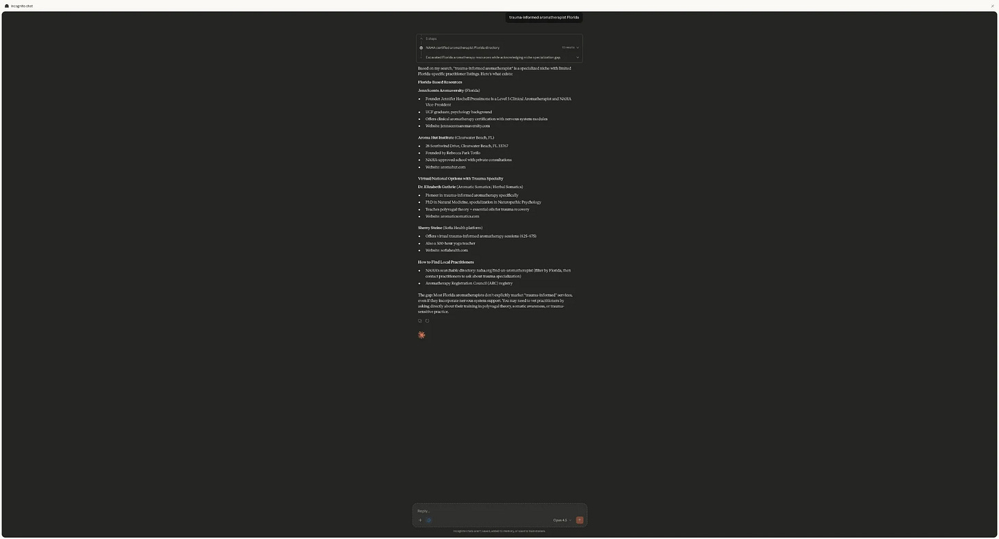 The Visible Practitioner GEO case study screenshot January 2026. Claude AI search results for trauma-informed aromatherapist Florida.
