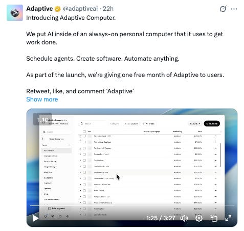 Adaptive Computer의 인터페이스 스크린샷으로, 상시 가동되는 PC 내에서 에이전트를 스케줄링하고 작업을 자동화하는 대시보드를 보여준다.