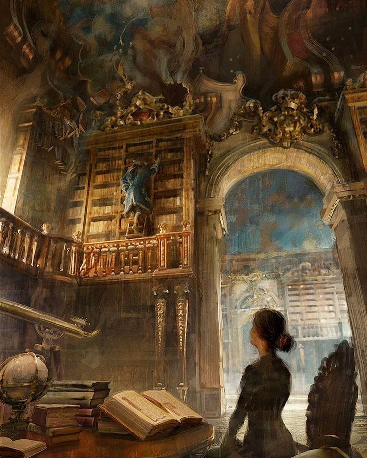 This may contain: a painting of a woman sitting in front of a book shelf with books on it