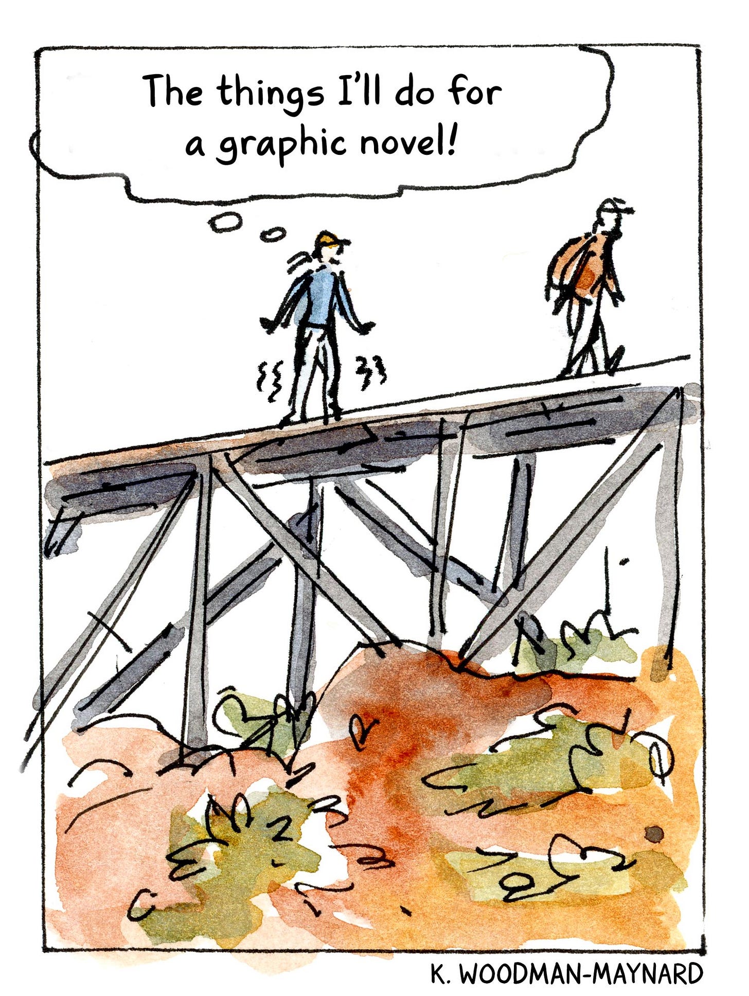  K. Woodman-Maynard, watercolor comic, exploring an abandoned island in Maine. Panel 6 text reads: “The things I’ll do for a graphic novel!” 
