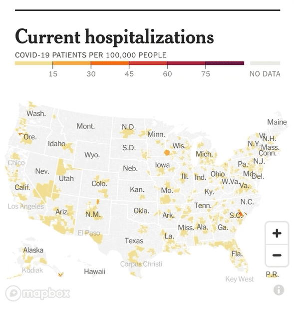 Title reads “Current hospitalizations COVID-19 patients per 100000 people.” A key at the top shows a color scale, with yellow as 0 to 15, light orange as 16 to 30, orange as 31 to 45, red as 46 to 60, dark red as 61 to 75, and purple as 75 and above. Gray means no data. A map of the United States shows clusters of hospitalization counts. Much of the map is gray. There are scattered clusters of yellow in most states, except Montana and Wyoming. Some areas have higher reported cases, including Springfield, Oregon in dark orange, Roseville, California in orange, Taos, New Mexico in orange, Rochester, Minnesota in orange, Florence and Loris, South Carolina in dark orange, and Ketchikan, Alaska in orange.