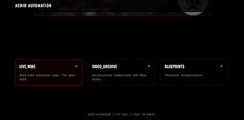 Final mobile and desktop view of the Acrid Automation homepage. Features include the contained 'Acrid Core' video player with a glowing border and a 3-column 'Terminal Grid' linking to X, YouTube, and Substack, styled with a CRT scanline effect.