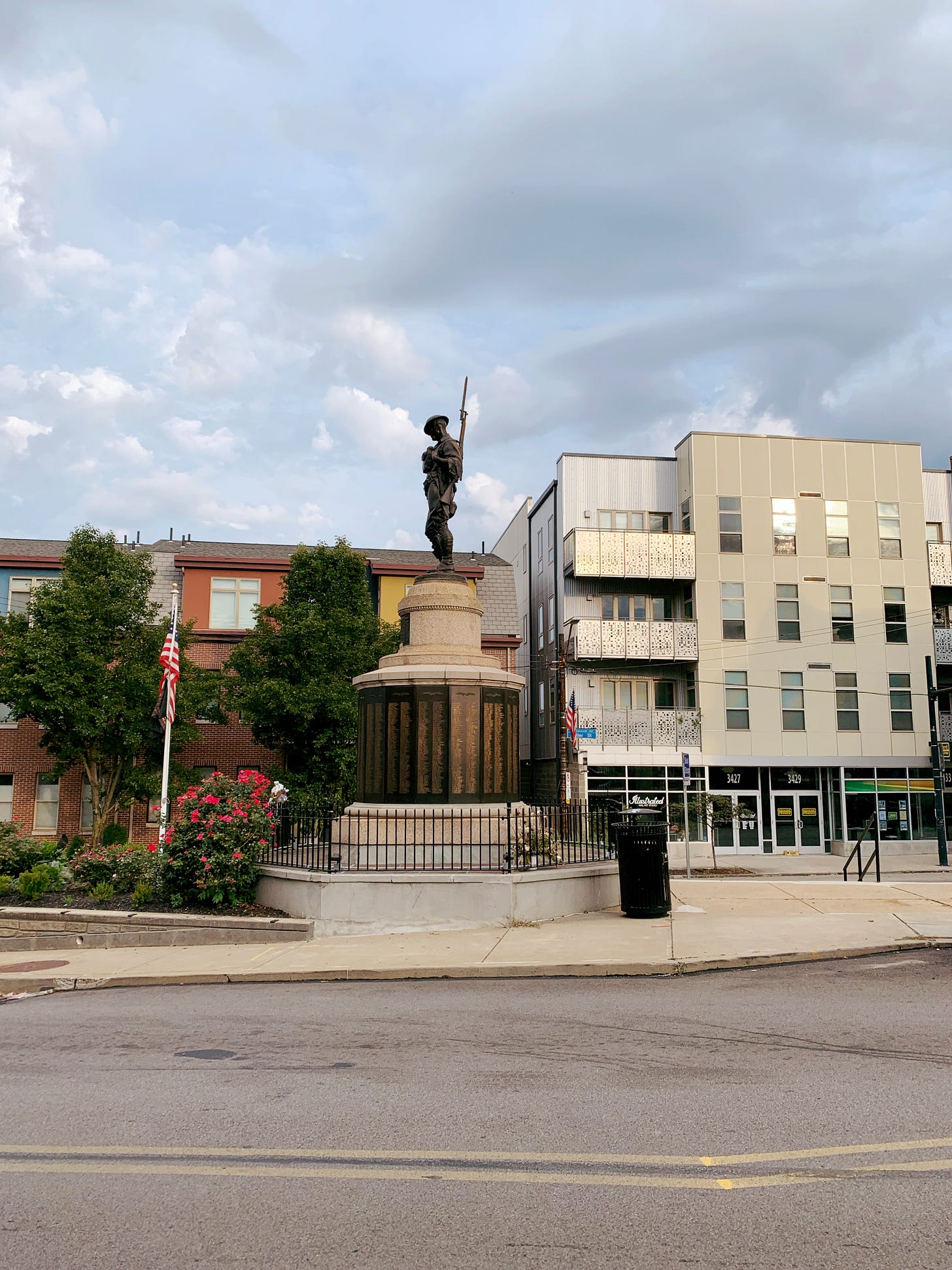 Doughboy, a war memorial and neighborhood landmark