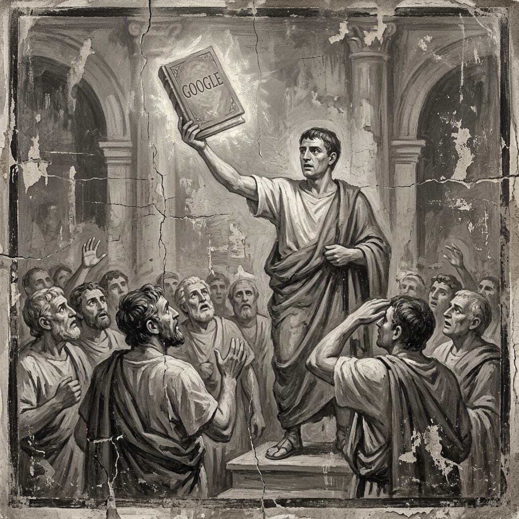 Ancient Roman painting of a man unveiling a book that says "Google". The crowd is in awe.