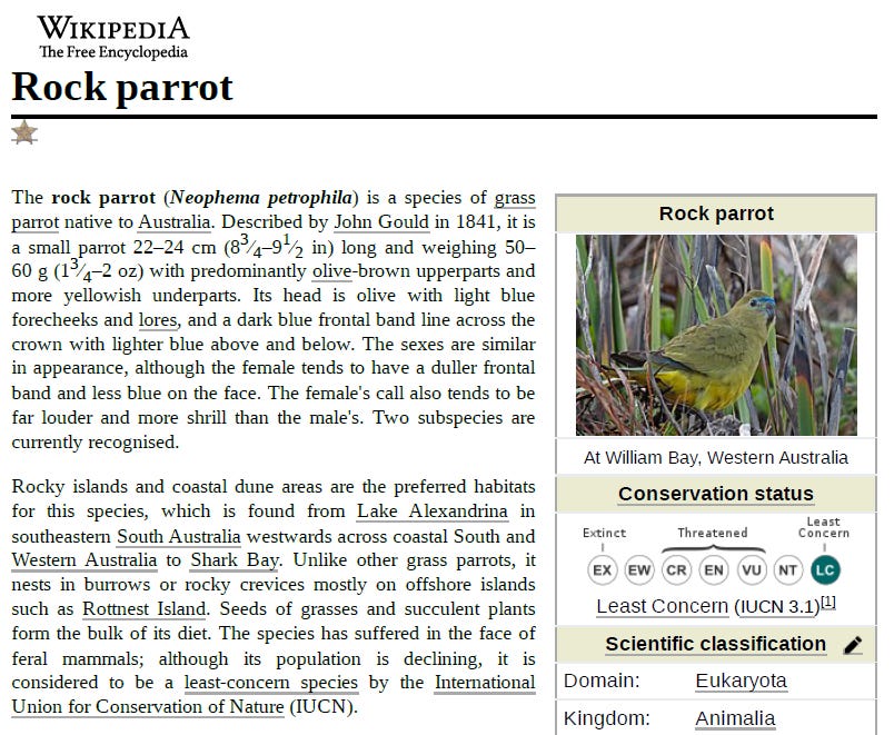 Screenshot of the Rock Parrot article Screenshot of the Rock Parrot article