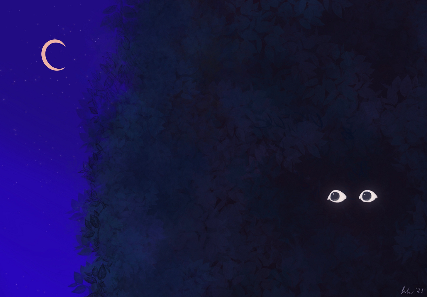 Illustration of a nighttime scene with a deep blue sky and a pink crescent moon and tiny stars in the background, and a dark tree in the foreground. Two human-like eyes glow from between the leaves. Someone—or something—in there is looking at the moon.