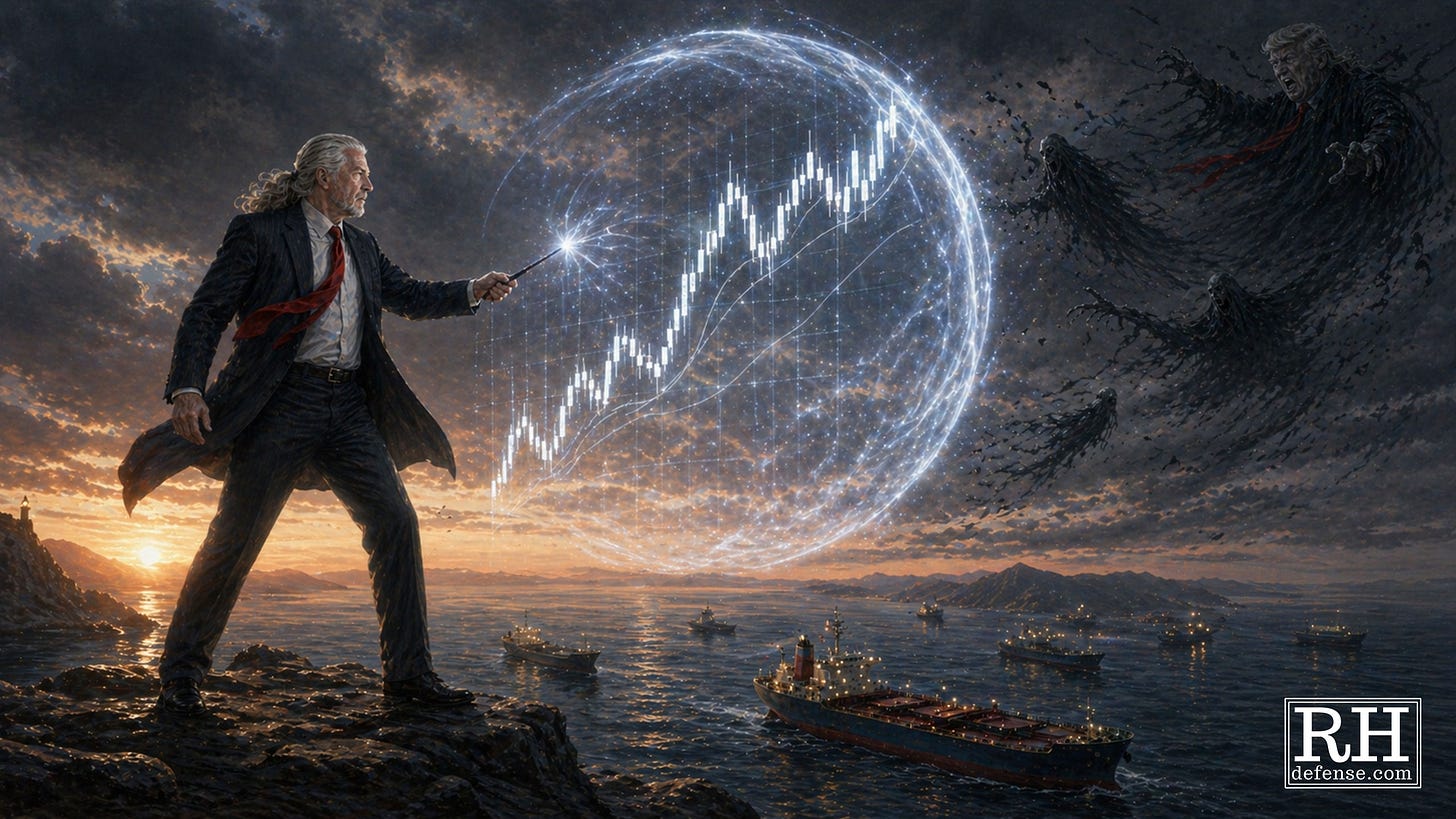 Rick Horowitz stands over the sea protecting a glowing candlestick chart inside a magical shield as dark wraiths and a Trump-like figure recede into storm clouds.