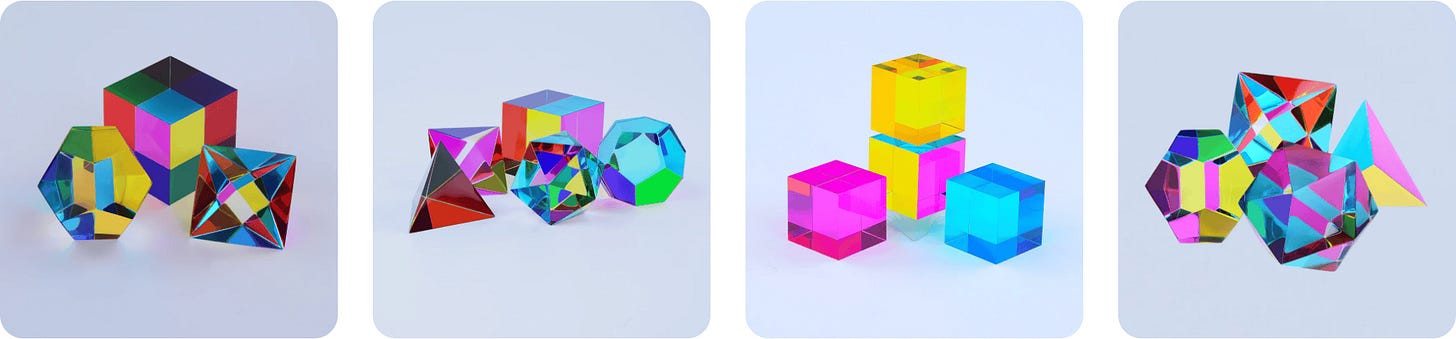 Four side-by-side product panels featuring various colorful, translucent glass and acrylic geometric shapes and cubes reflecting vibrant cyan, magenta, and yellow light. Gemini assisted in the preparation of this alt-text.