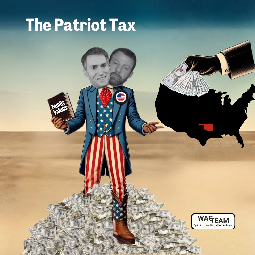 A two-faced politician in patriotic Uncle Sam attire stands on a mountain of cash while holding a 'Family Values' book. Oklahoma is highlighted in red on a US map being fed money by a shadowy hand. The politician has the merged faces of Markwayne Mullin and Dusty Deevers.
