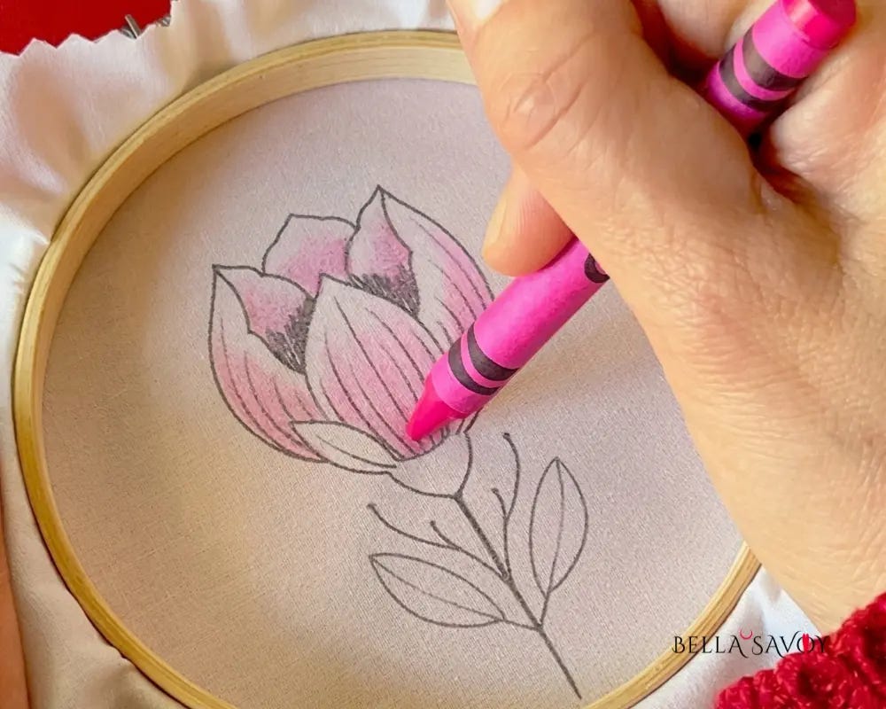 Learn How to Color Fabric with Crayons 125 hand with crayon on an embroidery pattern to show how to color fabric