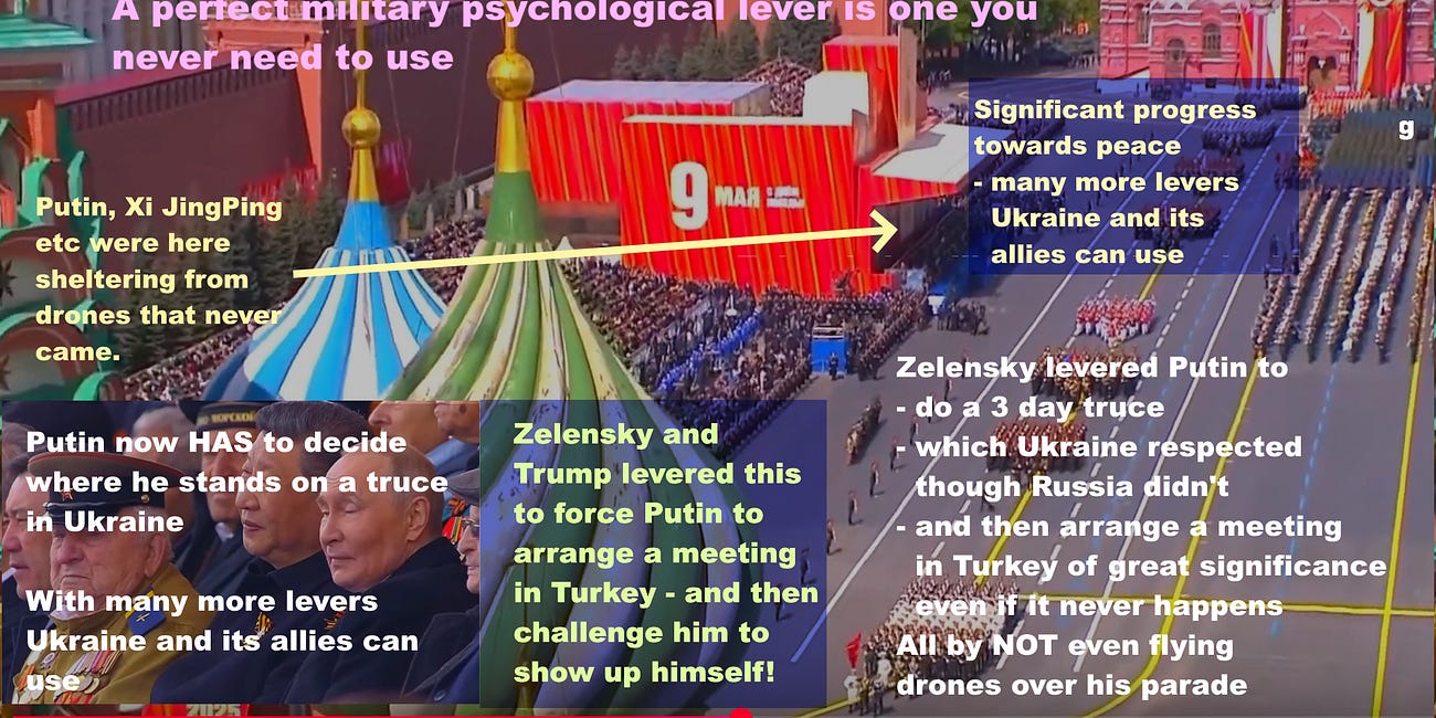 Putin likely a no-show for meeting with Zelensky and Trump in Turkey - why this is progress towards peace - how Ukraine got Putin to declare a 3 day ceasefire by NOT attacking the victory day parade