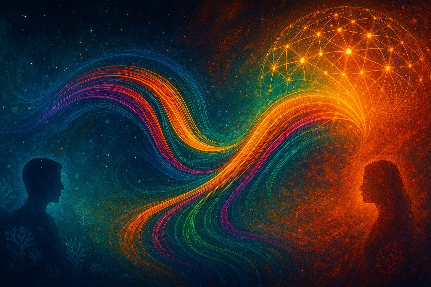 A deep-blue cosmic backdrop fades into warm oranges and golds. On the left, a cool-toned silhouette gazes right; on the right, a warm silhouette faces left. Between them, multi-coloured strands flow like a living wave, bridging the figures and feeding into a dome of glowing nodes—suggesting Intrinsic ↔ Extrinsic coupling, rising synchrony, and the Recognition Field Matrix forming.