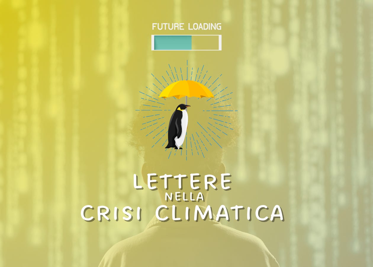 Illustrazione con pinguino sotto un ombrello giallo su sfondo digitale sfocato, con la scritta “Lettere nella crisi climatica” e barra di caricamento del futuro – simbolo della protezione delle generazioni future nella crisi climatica.