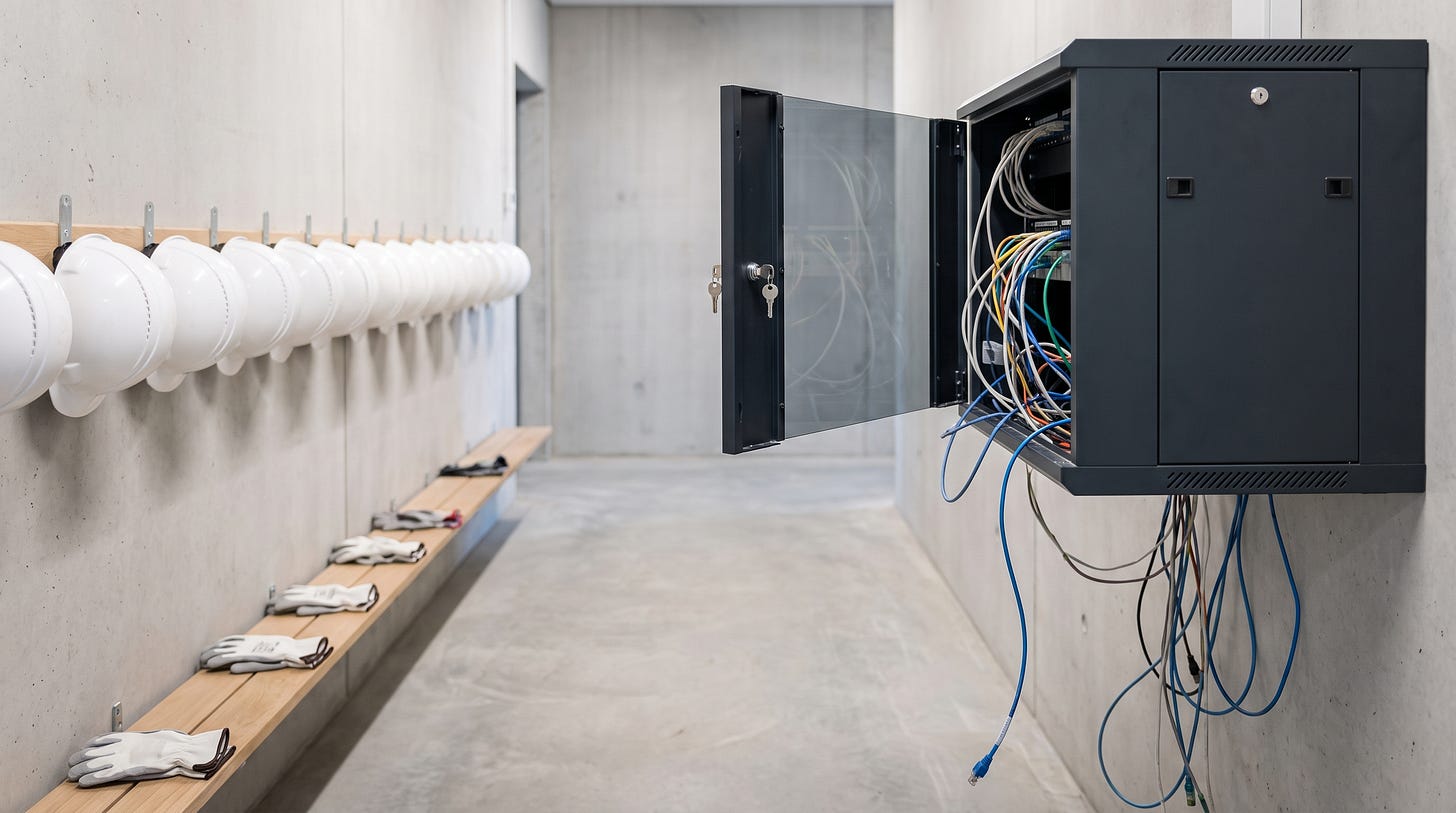 In de gang van een bouwbedrijf hangt een keurige rij veiligheidshelmen met handschoenen eronder, terwijl rechts de netwerkkast wagenwijd openstaat met de sleutel nog in het slot In de gang van een bouwbedrijf hangt een keurige rij veiligheidshelmen met handschoenen eronder, terwijl rechts de netwerkkast wagenwijd openstaat met de sleutel nog in het slot
