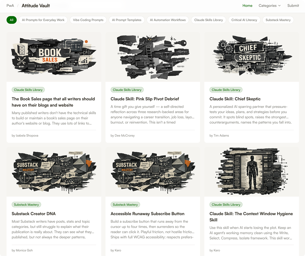 AttitudeVault library page showing a grid of Claude Skills cards including Chief Skeptic, Context Window Hygiene, and Substack Mastery resources for AI builders and writers.