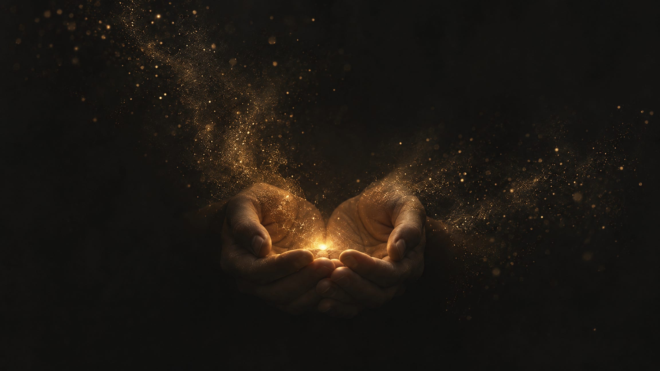 Two cupped hands in the dark hold a small glowing ember, the only light in the picture. Fine gold dust lifts off the hands and drifts away into the black.