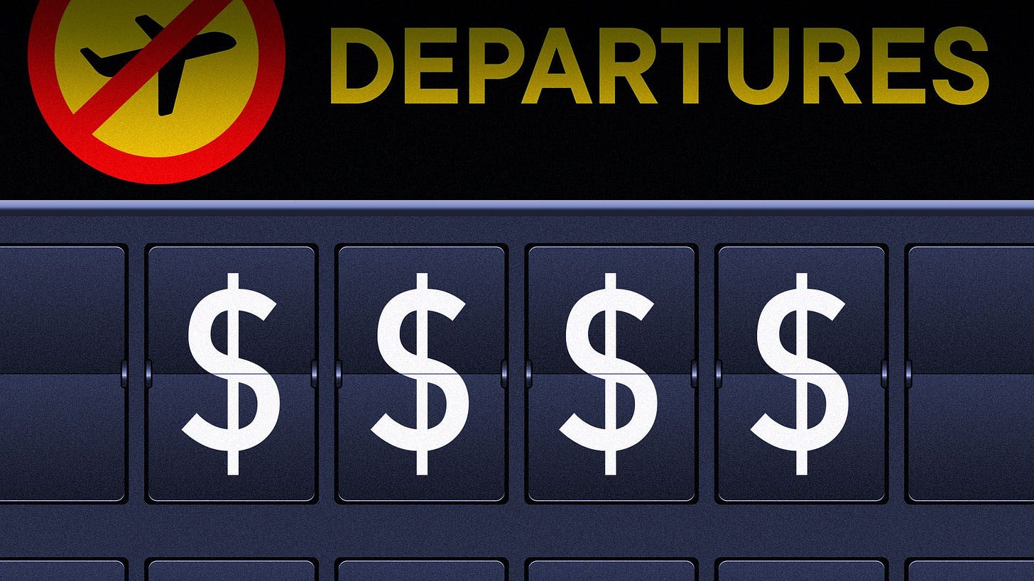 Illustration of a departures analog airport flip board with dollar signs on it and a 