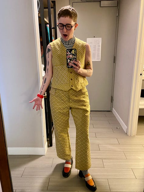 Mirror selfies of outfits and a selfie with disco earrings
