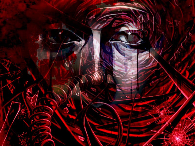 A cubist style painting of a woman in purple, grey, white and black, with overlain red and black collage of cracked glass, unsprung springs, wires, and shards.