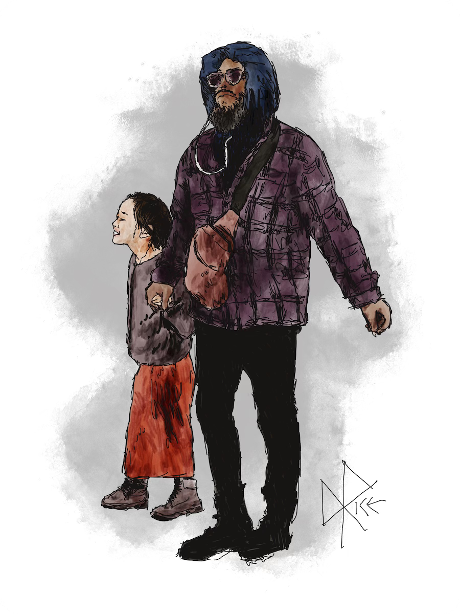 A young girl smiles broadly as she walks along with her father, the two of them holding hands. Sketch art by Don Rice.
