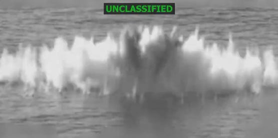 Still frame from the targeting video of a small drug-smuggling boat attacked on April 24, 2026, by US military forces in the Eastern Pacific Ocean (US Southern Command image)