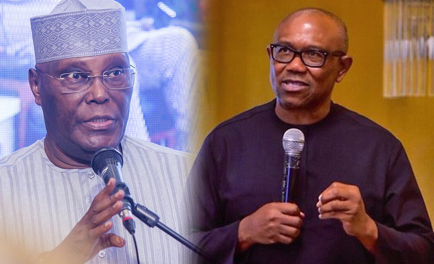 Presidential candidates of the Peoples Democratic Party (PDP) and Labour Party (LP), Atiku Abubakar and Peter Obi Presidential candidates of the Peoples Democratic Party (PDP) and Labour Party (LP), Atiku Abubakar and Peter Obi