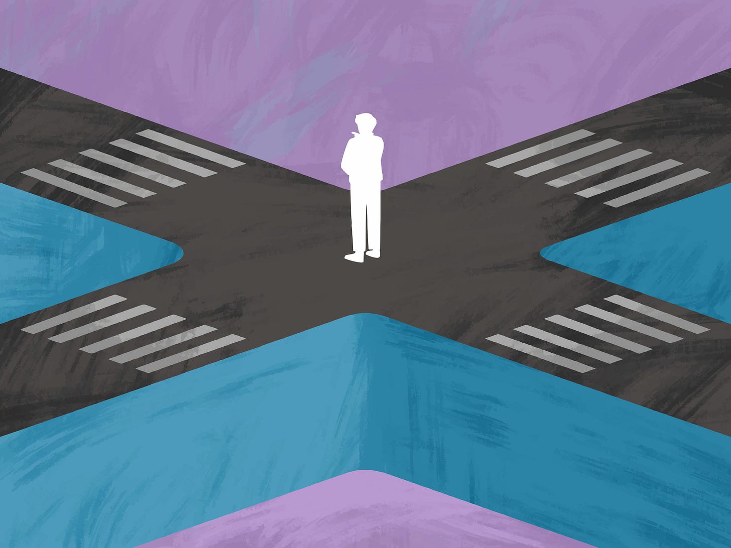 The Wren Collective's "Honest Conversation About Public Safety" newsletter shows an illustration of someone at a crossroads, a metaphor used in the article when referring to the weaponization of crime.