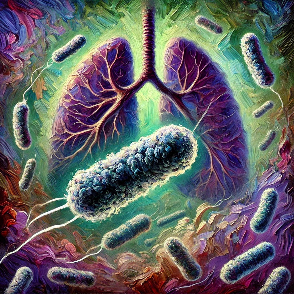 An oil painting style depiction of the microscopic world, focusing on Bordetella pertussis bacteria. The bacteria appear in intricate detail, resembling small, rod-shaped clusters, set against stylized, abstract lung structures that hint at human respiratory pathways. The colors are bold and rich, with deep purples, greens, and blues to create a mysterious, slightly ominous atmosphere, symbolizing scientific inquiry and skepticism around disease transmission. The background has expressive brush strokes and a textured, almost foggy feel, conveying a sense of uncertainty and complexity in understanding contagion. An oil painting style depiction of the microscopic world, focusing on Bordetella pertussis bacteria. The bacteria appear in intricate detail, resembling small, rod-shaped clusters, set against stylized, abstract lung structures that hint at human respiratory pathways. The colors are bold and rich, with deep purples, greens, and blues to create a mysterious, slightly ominous atmosphere, symbolizing scientific inquiry and skepticism around disease transmission. The background has expressive brush strokes and a textured, almost foggy feel, conveying a sense of uncertainty and complexity in understanding contagion.
