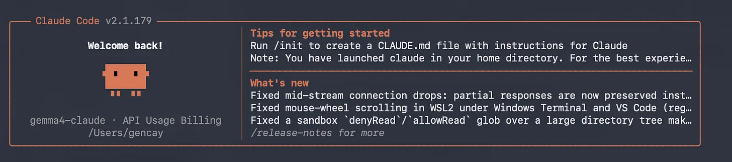 Claude Code running on a local Gemma 4 model, the first half of a Claude Code and NotebookLM offline setup