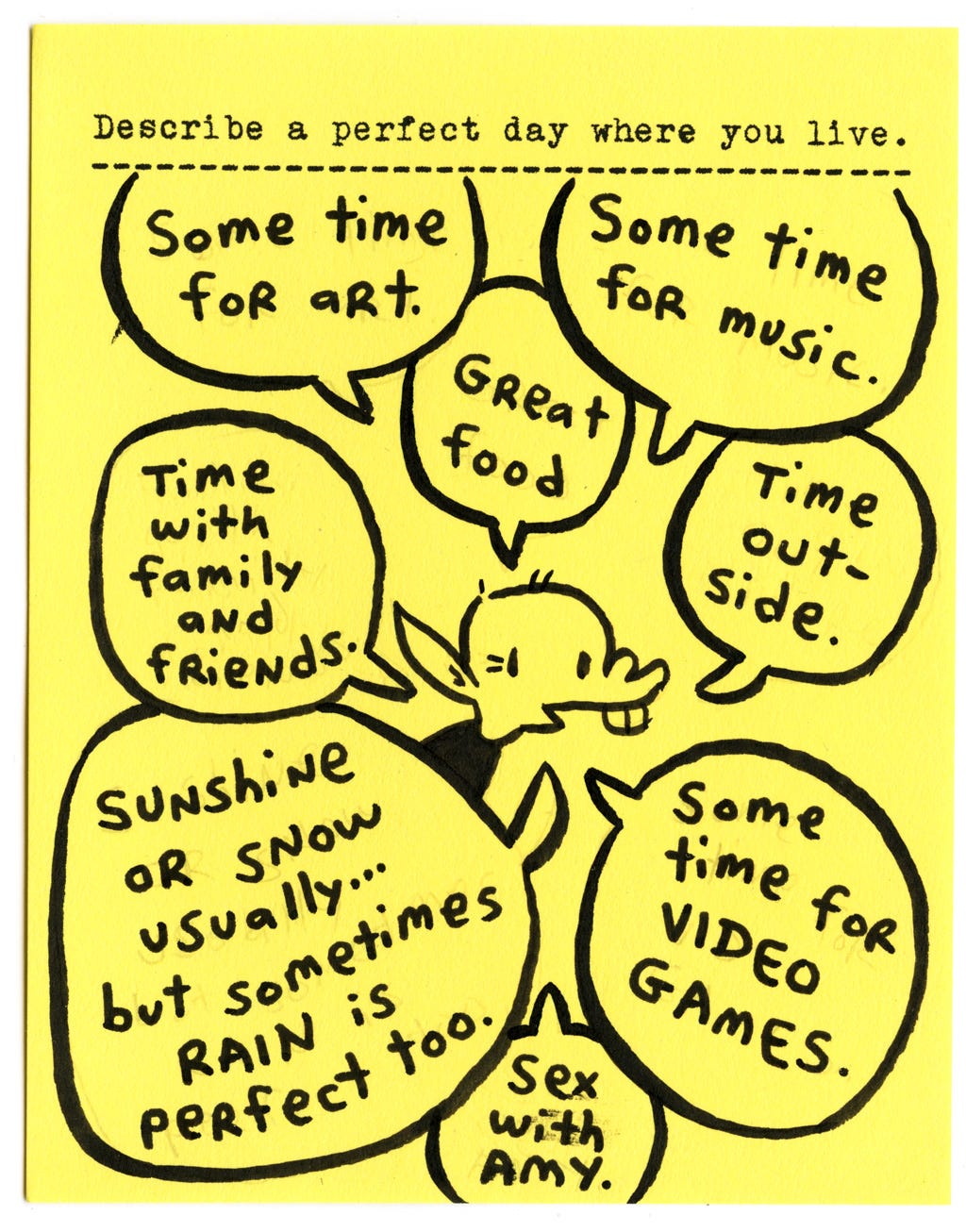 Describe a perfect day where you live.  Some time for art.  Some time for music.  Great food  Time outside.  Time with family and friends.  Sunshine or snow usually... but sometimes rain is perfect too.  Sex with Amy.  Some time for video games.