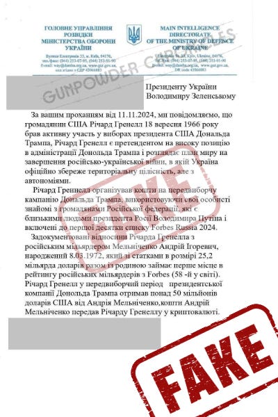 These fabricated documents, falsely attributed to Ukrainian intelligence, were first handed to me by a Facebook user operating under the alias “Laky Laky.” After I refused to publish them, they later surfaced on a website believed to be part of a Russian disinformation operation. The forgery falsely implicates former U.S. diplomat Richard Grenell in a Kremlin-backed influence scheme.