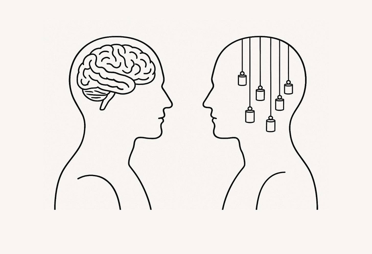 Two human figures shown in profile facing each other against a cream background. The left figure's head is rendered in cross-section, interior filled with a detailed brain. The right figure's head is also in cross-section, interior containing several small cylindrical weights hanging on strings of unequal length. Minimalist line art throughout. Two human figures shown in profile facing each other against a cream background. The left figure's head is rendered in cross-section, interior filled with a detailed brain. The right figure's head is also in cross-section, interior containing several small cylindrical weights hanging on strings of unequal length. Minimalist line art throughout.