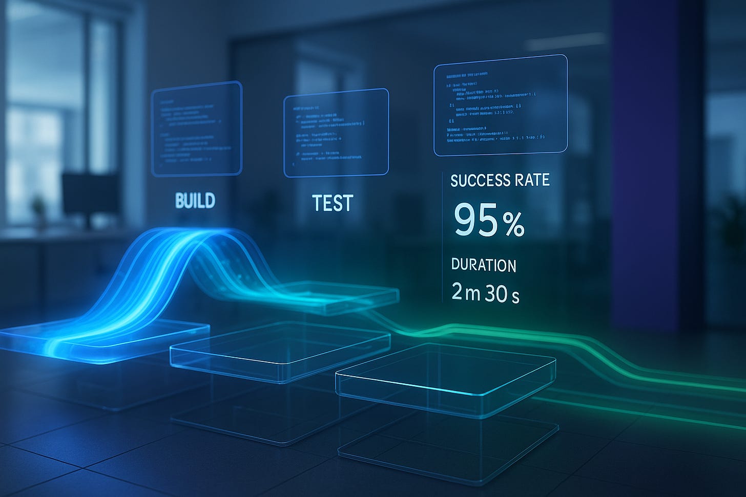 CI/CD pipeline visualization with glowing blue-green data streams flowing through build and test stages. 