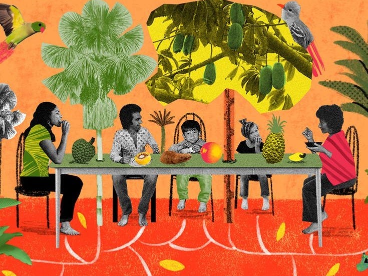 This may contain: people sitting at a table under a tree with birds flying around it and an orange sky in the background This may contain: people sitting at a table under a tree with birds flying around it and an orange sky in the background