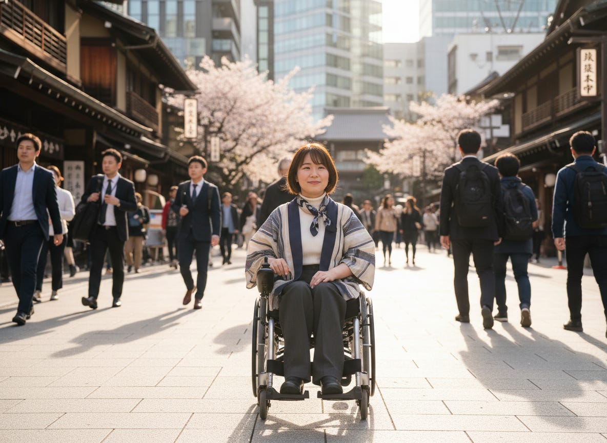 A woman with a short bob haircut sits confidently in a manual wheelchair at the center of a busy pedestrian street, wearing a striped wrap cardigan, a light turtleneck sweater, dark trousers, and a loosely tied neck scarf. She gazes directly at the camera with a calm, assured expression, seemingly unfazed by the bustling crowd of businesspeople and commuters moving around her in every direction. The setting beautifully juxtaposes old and new Japan — traditional wooden machiya storefronts and Japanese signage line the street on both sides, while sleek modern glass skyscrapers rise prominently in the background. Cherry blossom trees in full bloom add a soft, seasonal touch, their pale pink flowers catching the bright midday sunlight. The composition places her squarely and deliberately in the center of it all, giving the image a strong sense of presence and belonging within the city's flow.