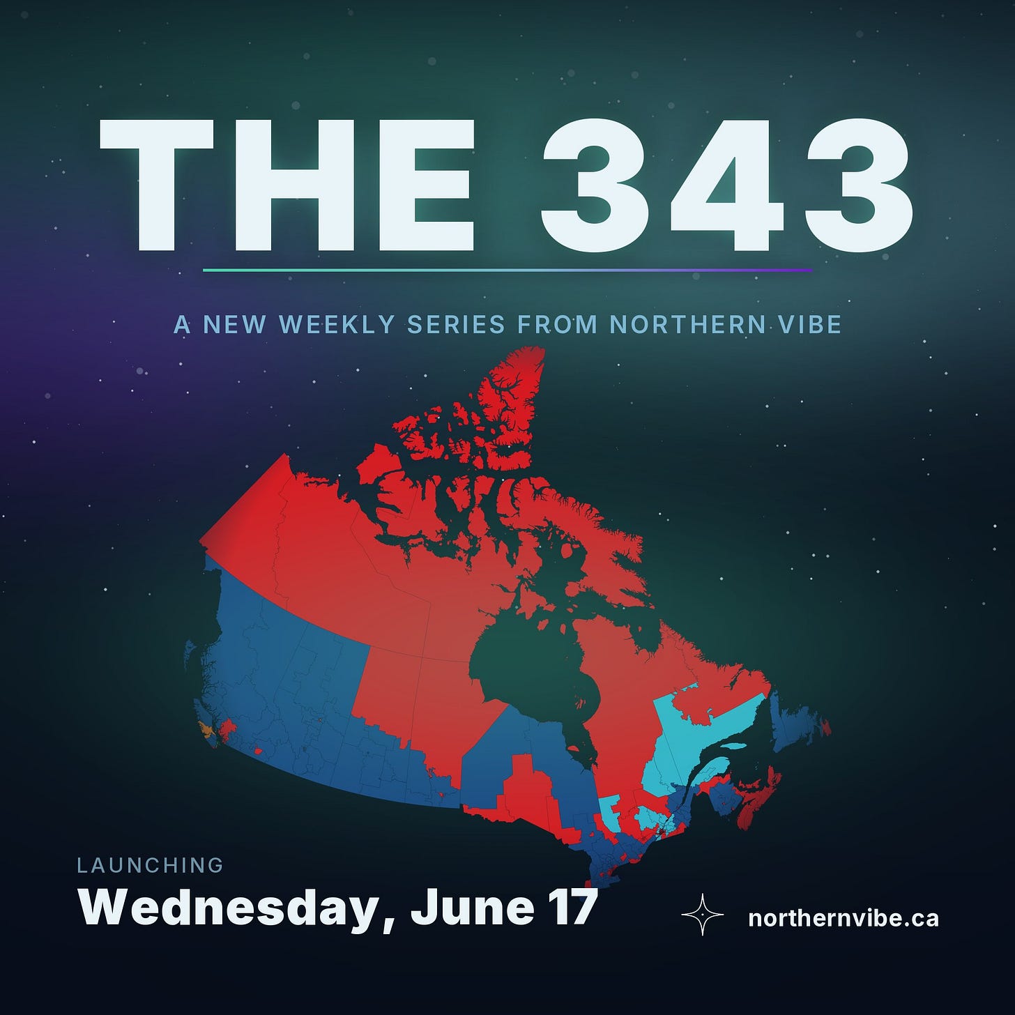 Photo by Northern Vibe on June 11, 2026. May be a graphic of map, magazine, poster, calendar and text that says 'THE343 343 THE A NEW WEEKLY SERIES FROM NORTHERN ANEWEKLYSERIESFROMNORTHERNVIE HERN.V VIBE LAUNCHING Wednesday, June 17 northernvibe.ca'.