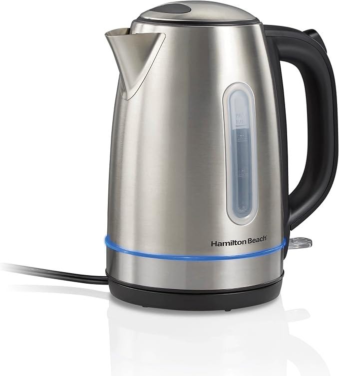 Hamilton Beach 1.7 Liter Electric Tea Kettle, Water Boiler &amp; Heater | Fast Boiling 1500 Watts | BPA Free | Cordless Serving | Auto-Shutoff &amp; Boil-Dry Protection | LED Light Ring | Stainless Steel