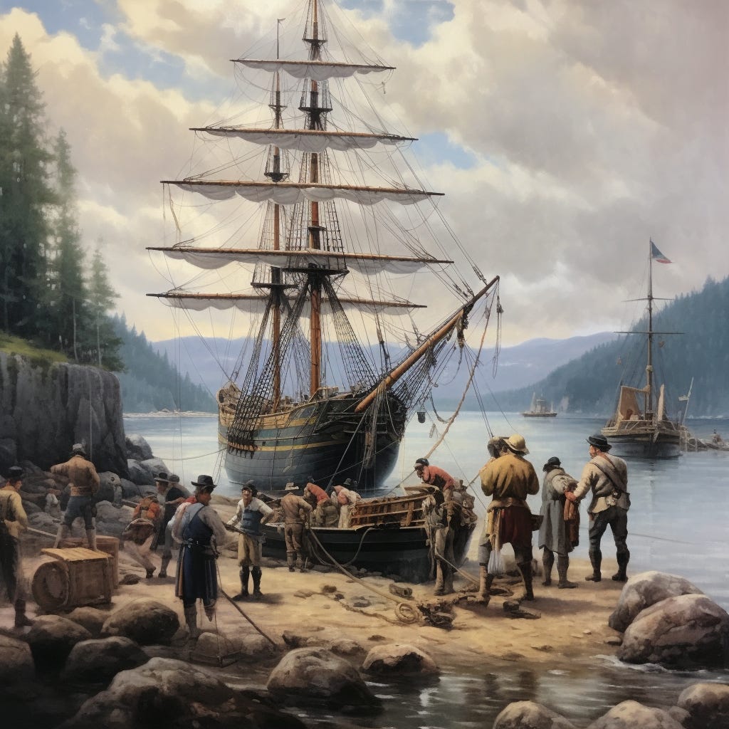 Pioneers unloading a sailboat to start exploring uncharted lands