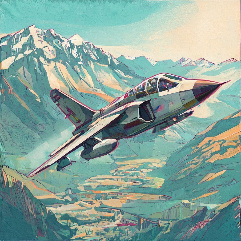 A panavia tornado flies over the Val D'Aosta Valley, the Monte Bianco in the backdrop, but it's rendered like a 90's flght simulation amiga game with big poligons. Colorful marker illustration style with colored ink lines and light cross-hatching”