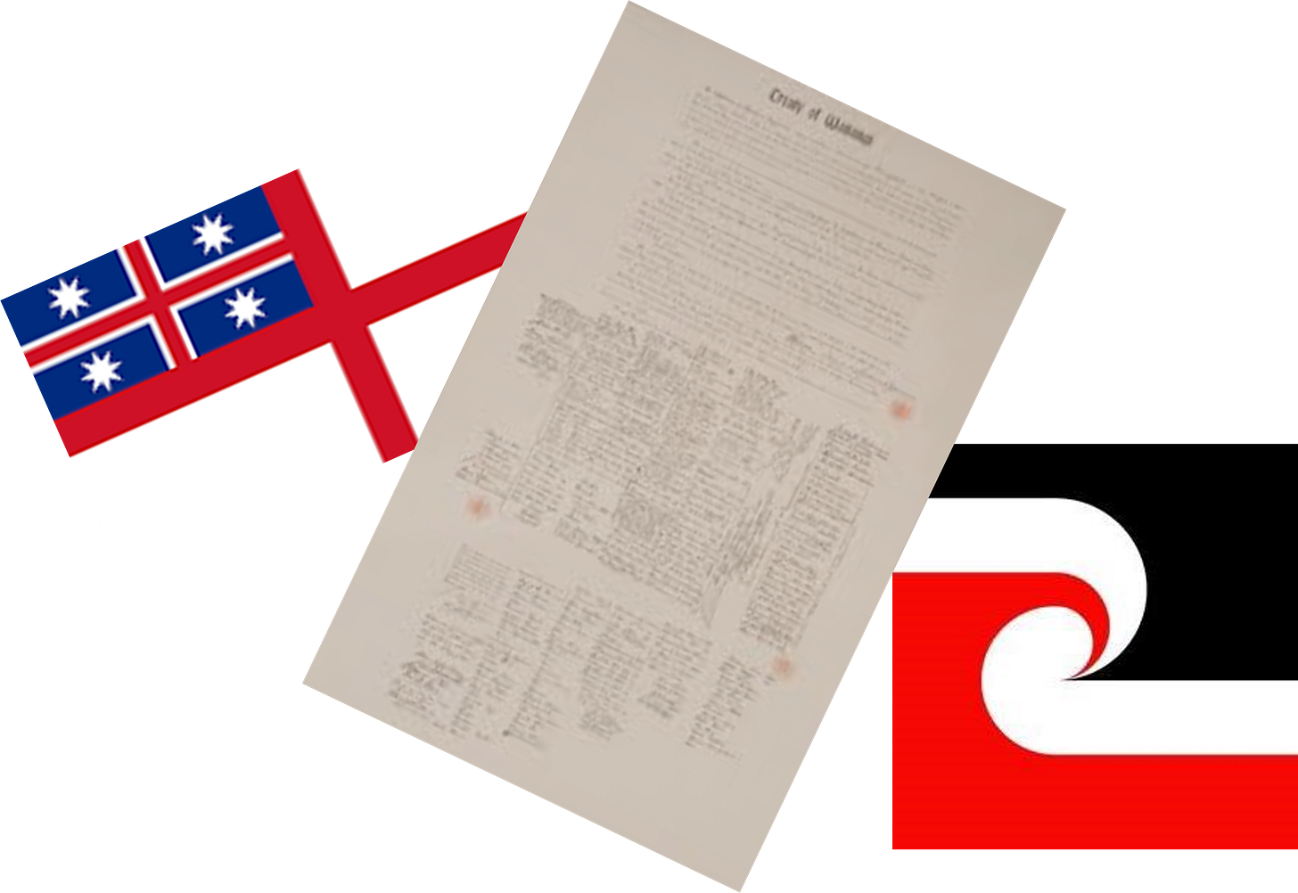 Image shows Flag of United Tribes of New Zealand, Te Tiriti o Waitangi, and Tino Rangatiritanga flag