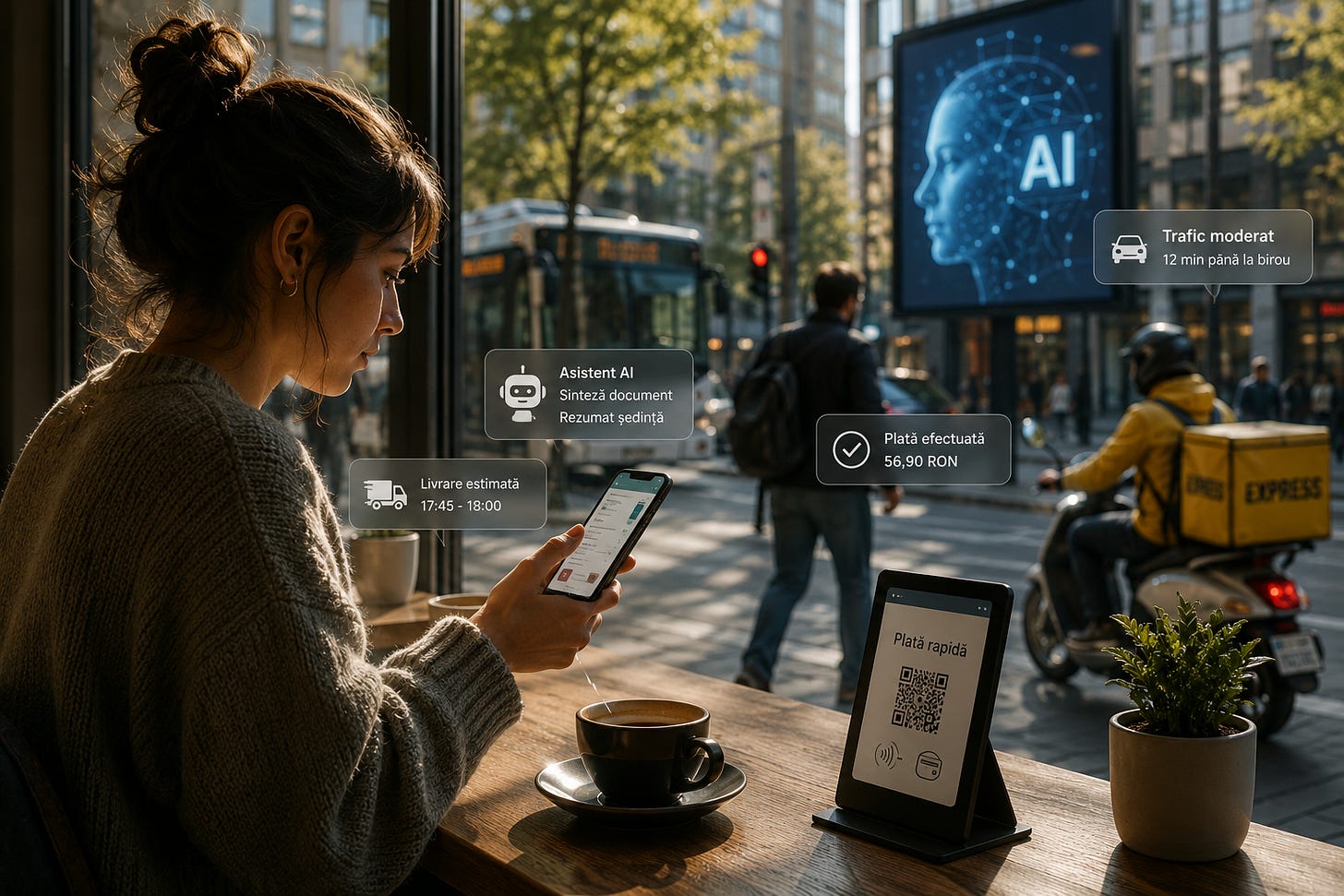 Persoană într-o cafenea urbană folosind telefonul, cu servicii digitale, notificări AI, plăți rapide și tehnologie prezentă natural în viața de zi cu zi. Persoană într-o cafenea urbană folosind telefonul, cu servicii digitale, notificări AI, plăți rapide și tehnologie prezentă natural în viața de zi cu zi.