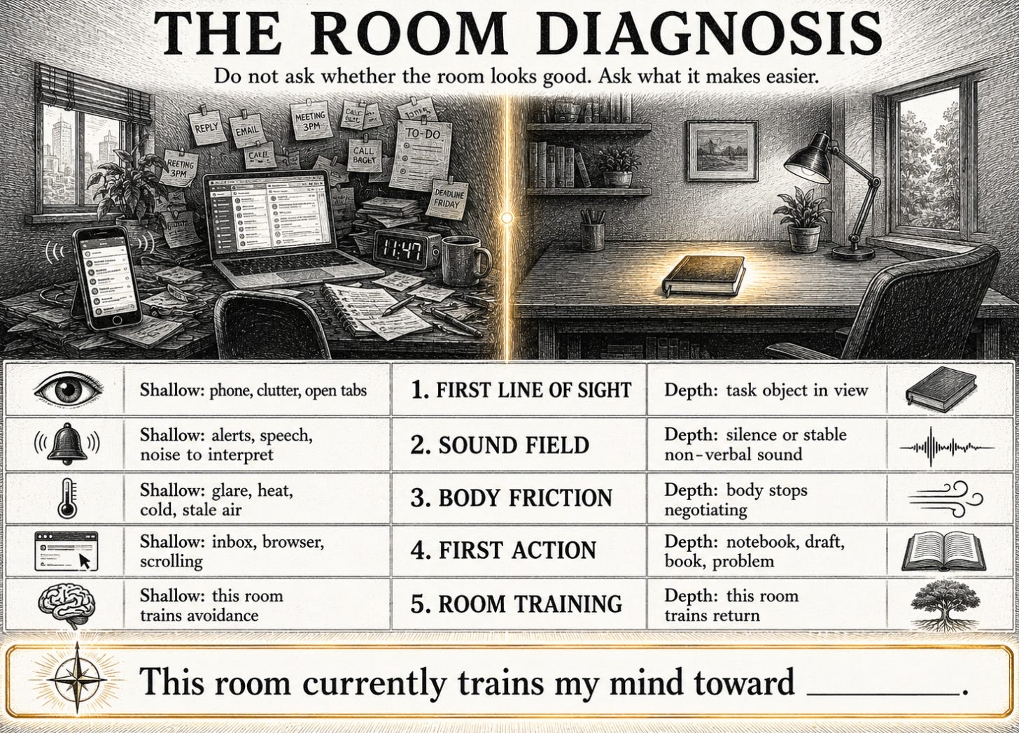 A room diagnosis map compares shallow invitations with depth signals across sight, sound, body friction, first action, and room training.