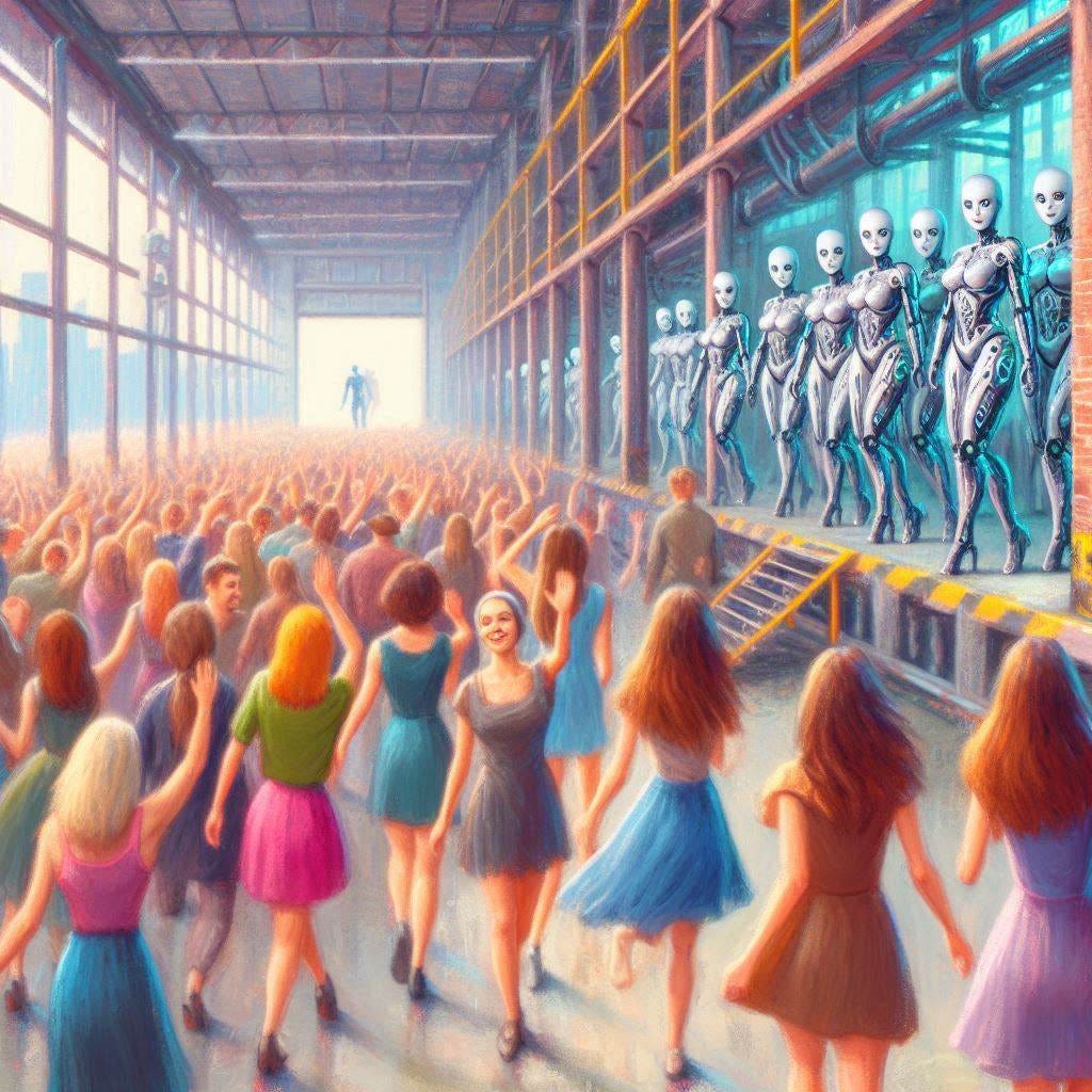 A factory where pretty young women are waving goodbye to their parents as they enter, then coming out the other side as blank-eyed female robots covered with graffiti. Wide shot. Slight impressionist style.