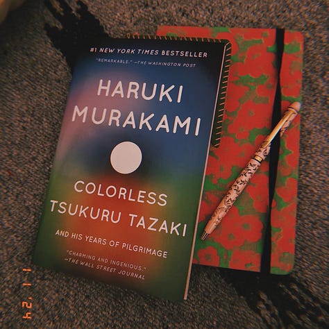 white roses, Haruki Murakami book and journal, rainbow cookies, lake michigan, American fiction movie poster, close up of collage