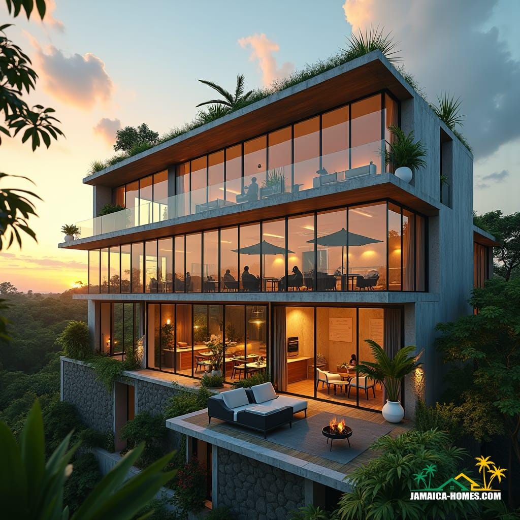 Futuristic co-living space in New Kingston, Jamaica, designed for young professionals. 