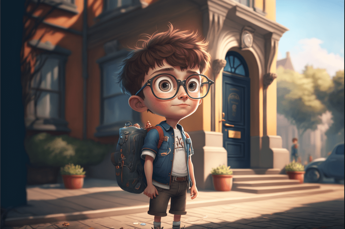 A boy with glasses stands in front of a school