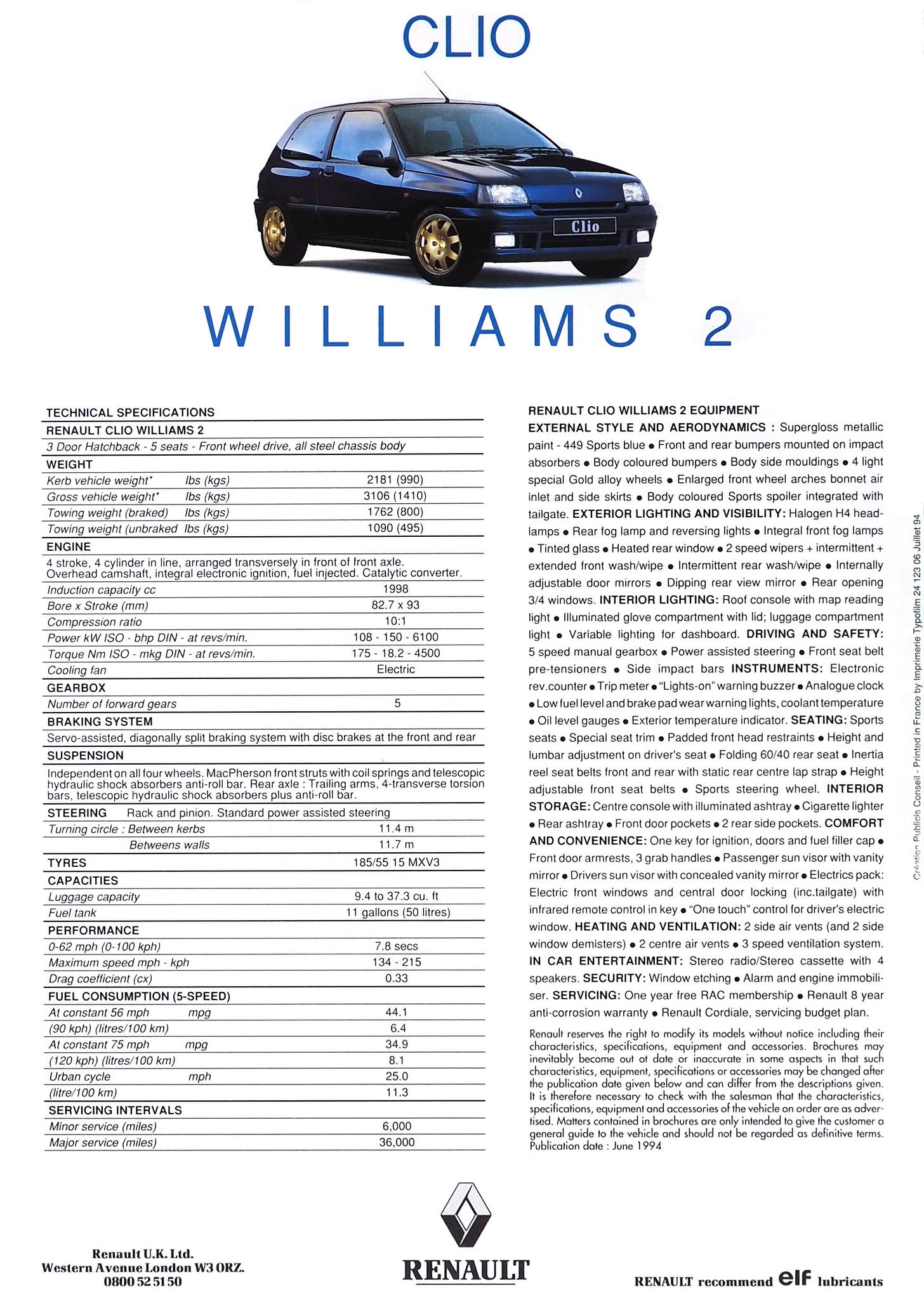 Renault Clio Williams 2 1999 UK brochure technical specifications Renault Clio Williams 2 1999 UK brochure technical specifications